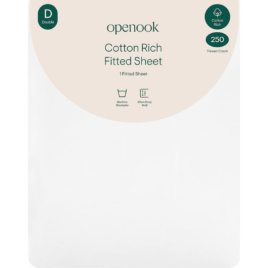 Openook 250tc Cotton Rich Fitted Sheet Double Bed White Each