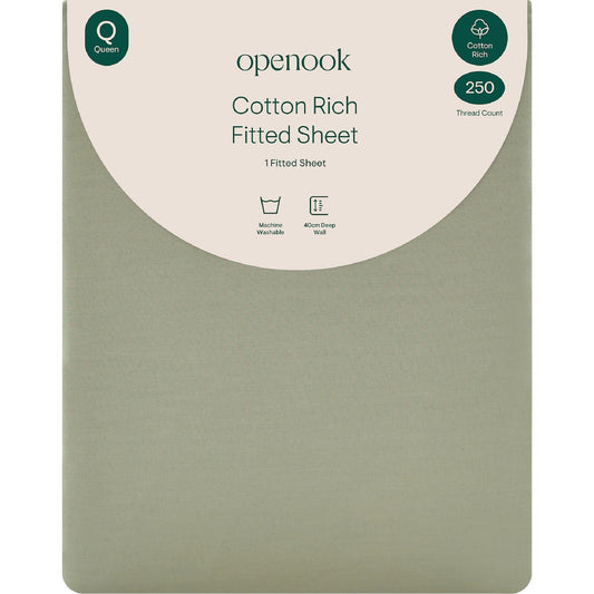 Openook 250tc Cotton Rich Fitted Sheet Queen Bed Green Each