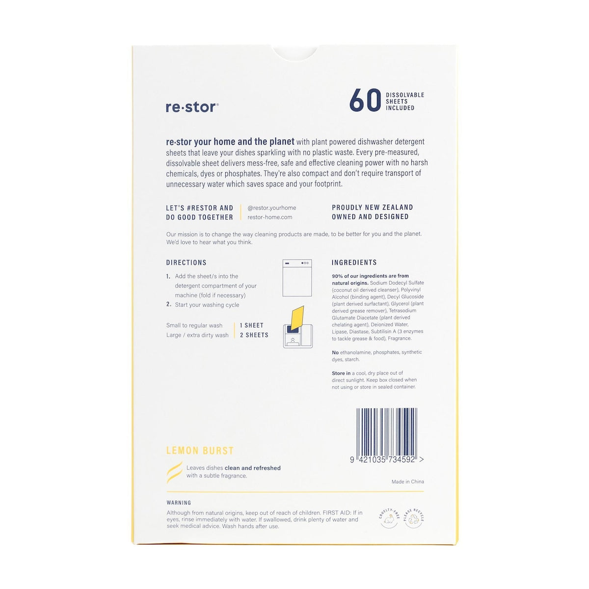 Restor Dishwasher Detergent Sheets Lemon Burst 60 Pack