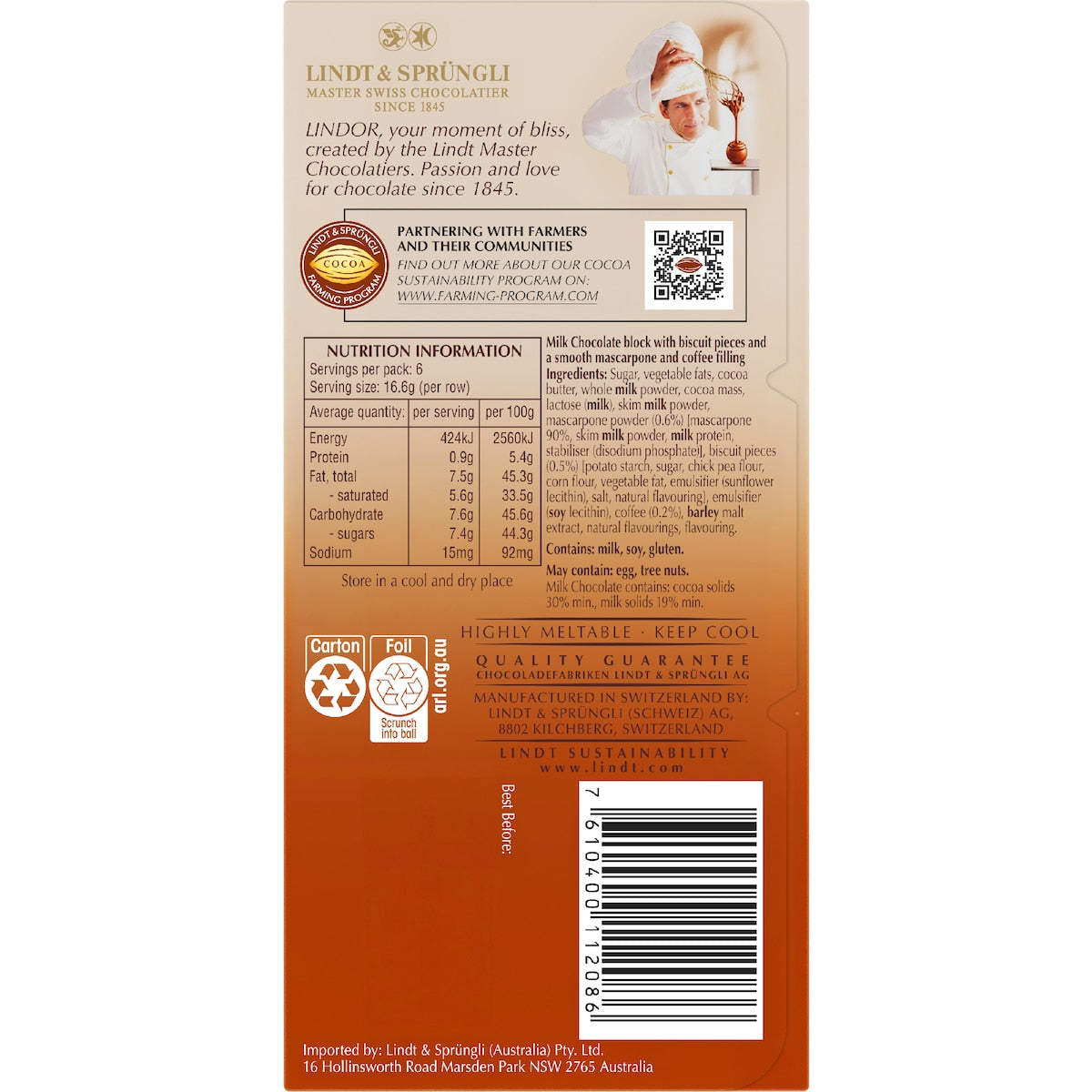 Lindt Lindor Tiramisu Chocolate Block 100g