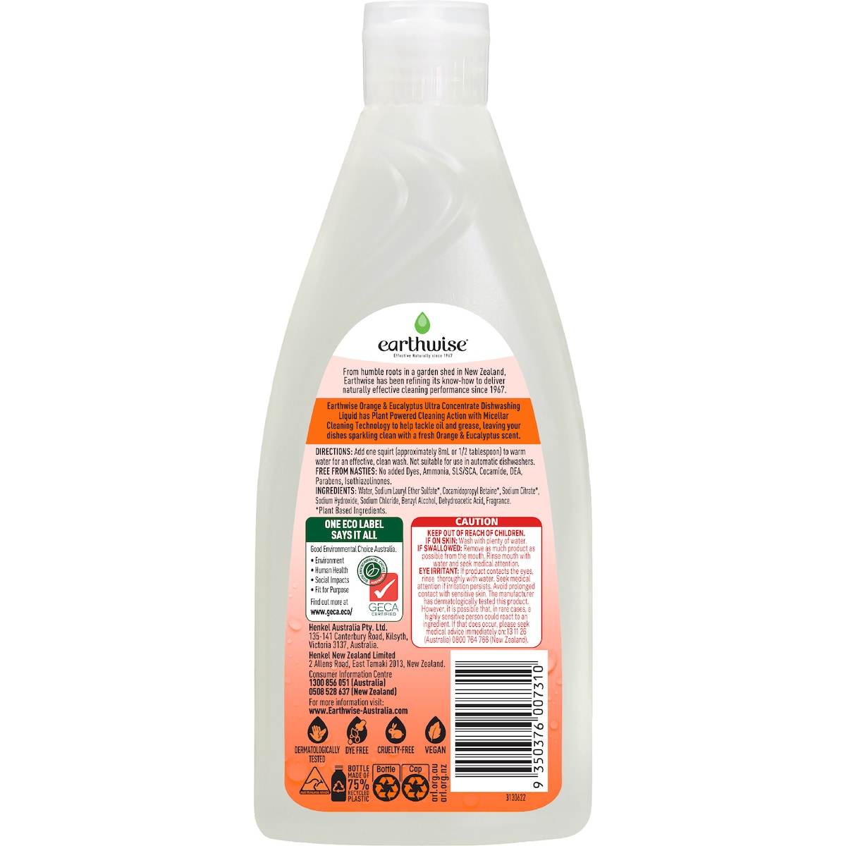 Earthwise Dishwashing Liquid Orange & Eucalyptus 500ml