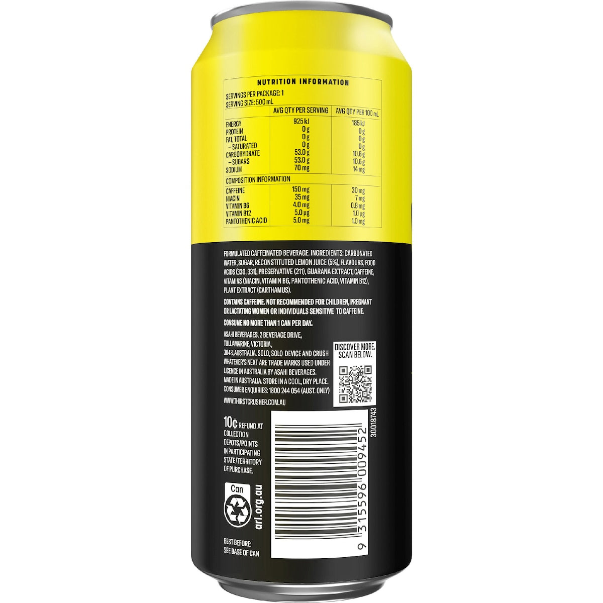 Solo Energy Drink Lemon Flavour Can 500ml