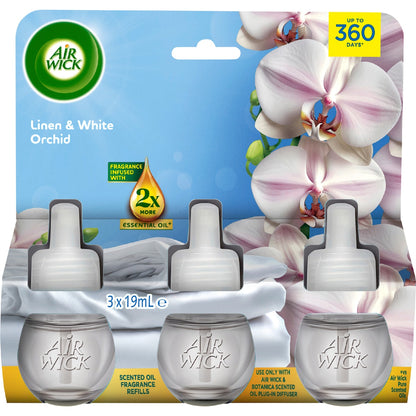 Air Wick 2x Essential Oil Linen & White Orchid Plug In Refill 19ml X 3 Pack