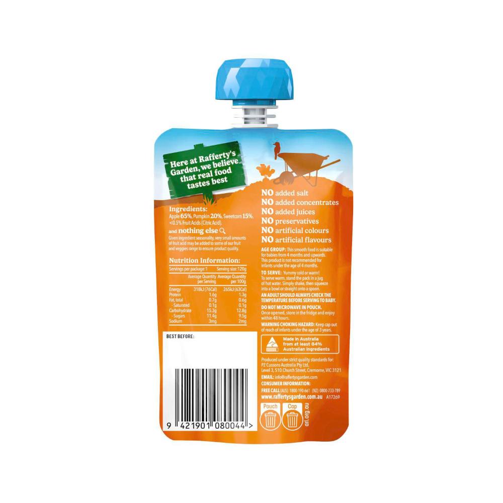 Rafferty's Garden Pumpkin Apple & Sweetcorn And Nothing Else Baby Food Puree Pouch 4+ Months - 120g
