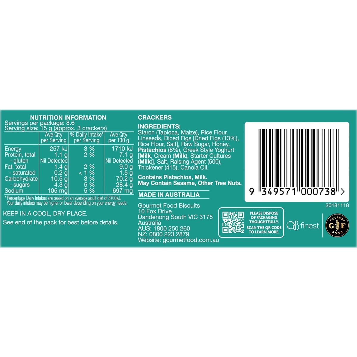 OB Finest Gluten Free Speciality Crackers Fig & Pistachio 130g