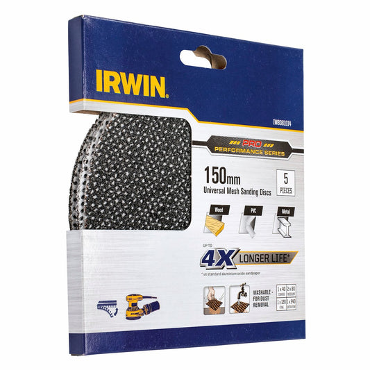 Irwin 150mm Universal Mesh Sanding Discs Mixed Grit - 5 Pack