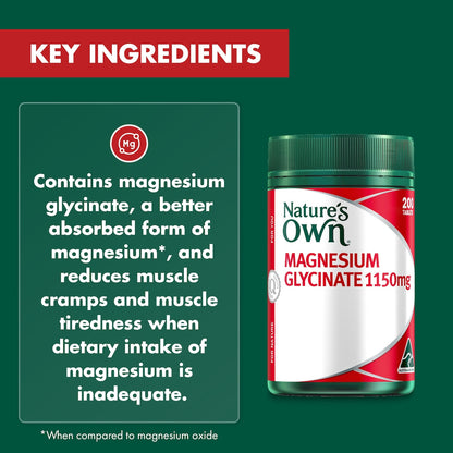 Natures Own Magnesium Glycinate 1150mg Tablets For Muscle Health 200 Pack