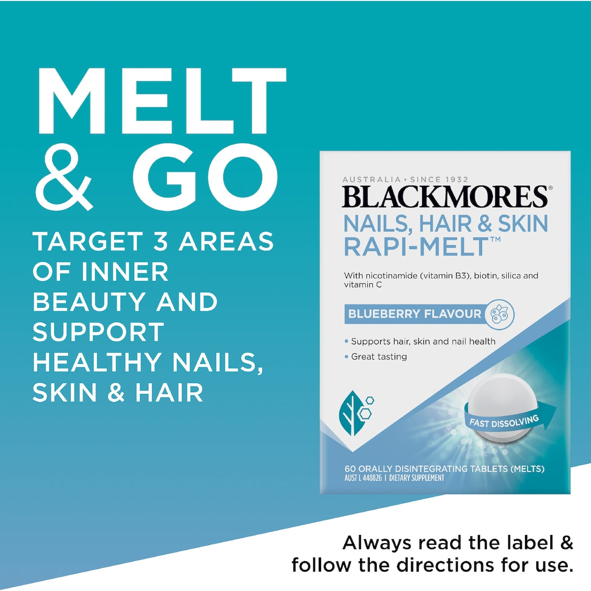Blackmores Nails Hair & Skin Rapi Melt Blueberry Flavour Tablets 60 Pack