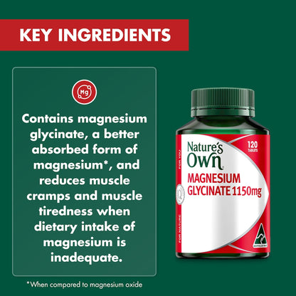 Natures Own Magnesium Glycinate 1150mg Tablets For Muscle Health 120 Pack