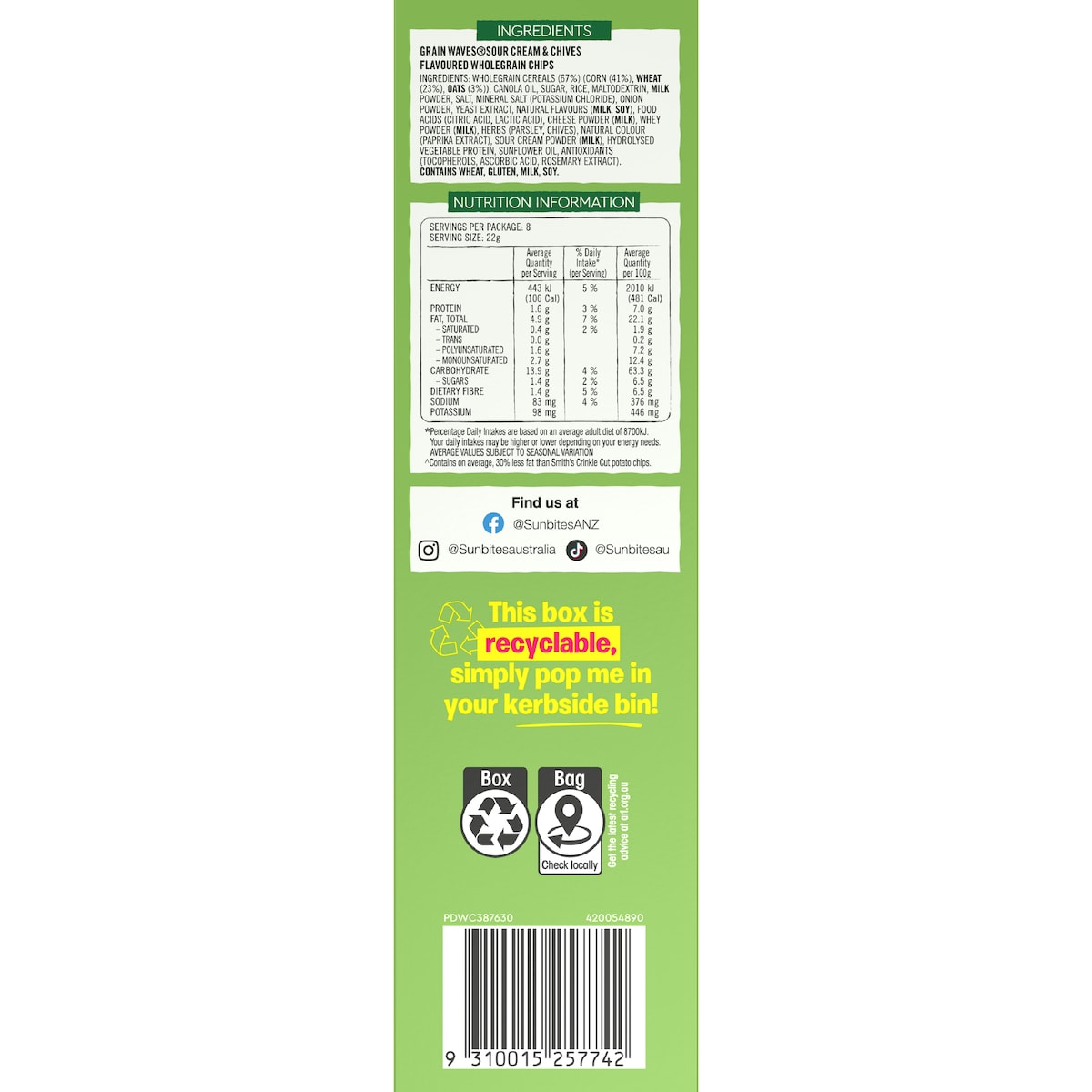Sunbites Grain Waves Sour Cream & Chives 22g X 8 Pack
