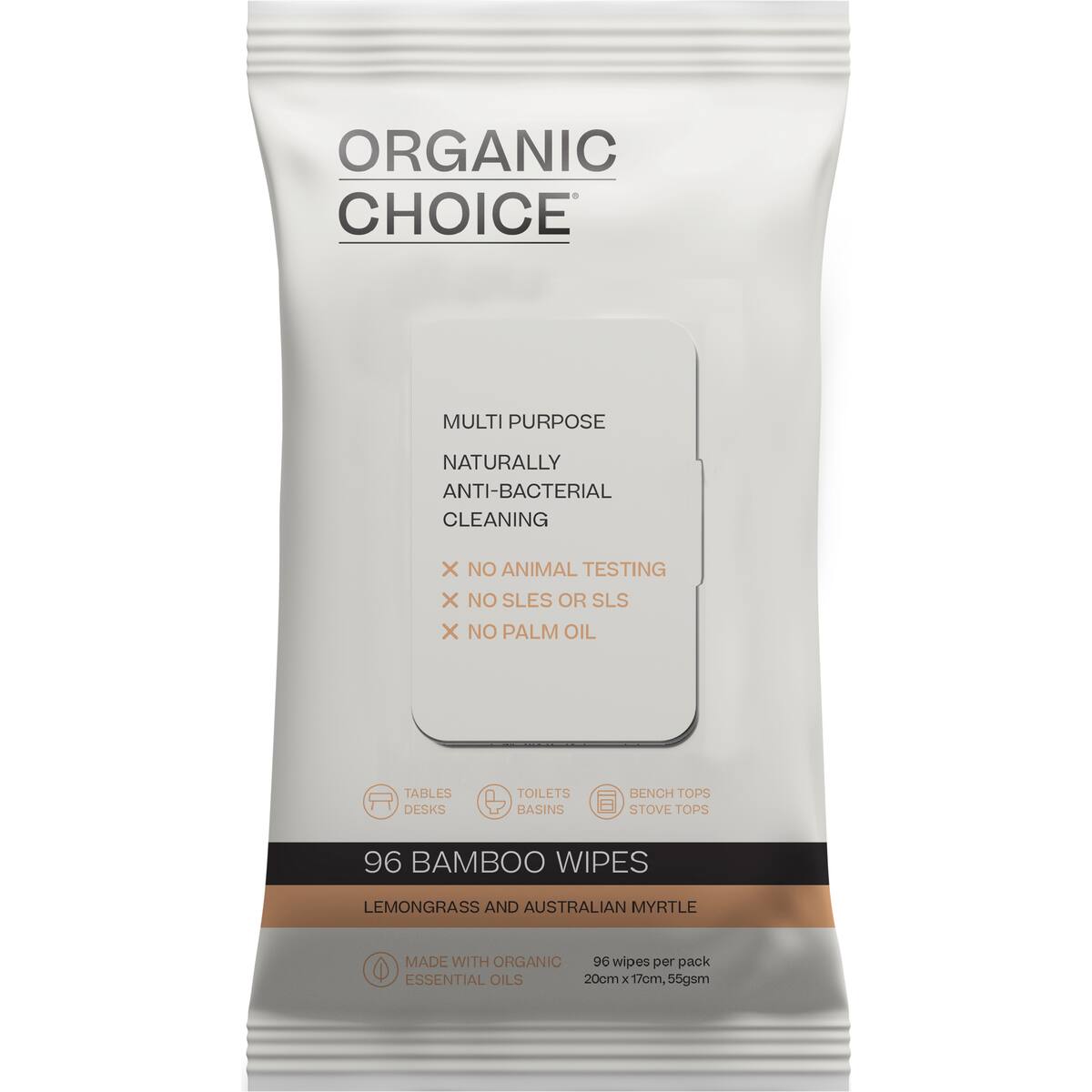Organic Choice Multipurpose Wipes Lemongrass & Australian Myrtle 96 Pack