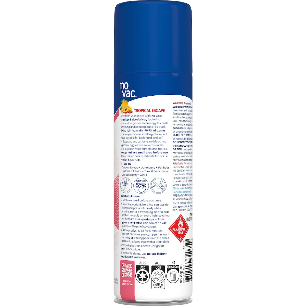No Vac Carpet & Fabric Foaming Sanitiser & Deodoriser 290g