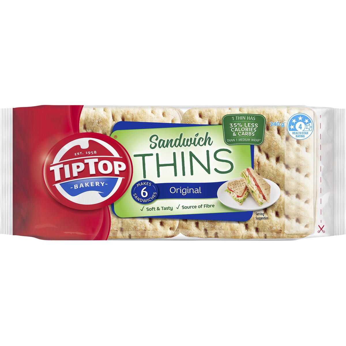 Tip Top Sandwich Thins Original Bread Bakery 6 Pack