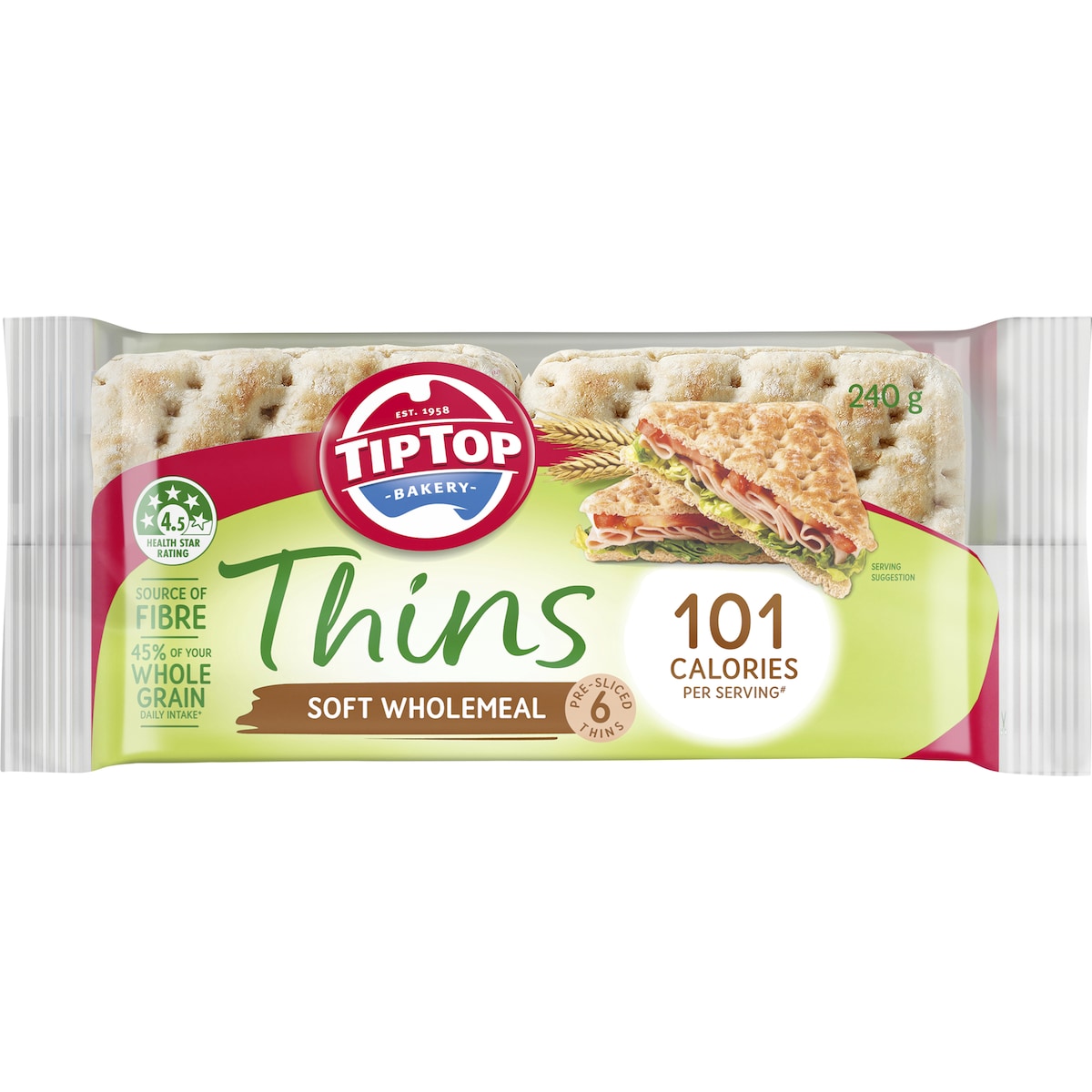 Tip Top Sandwich Thins Wholemeal Bread Bakery 6 Pack