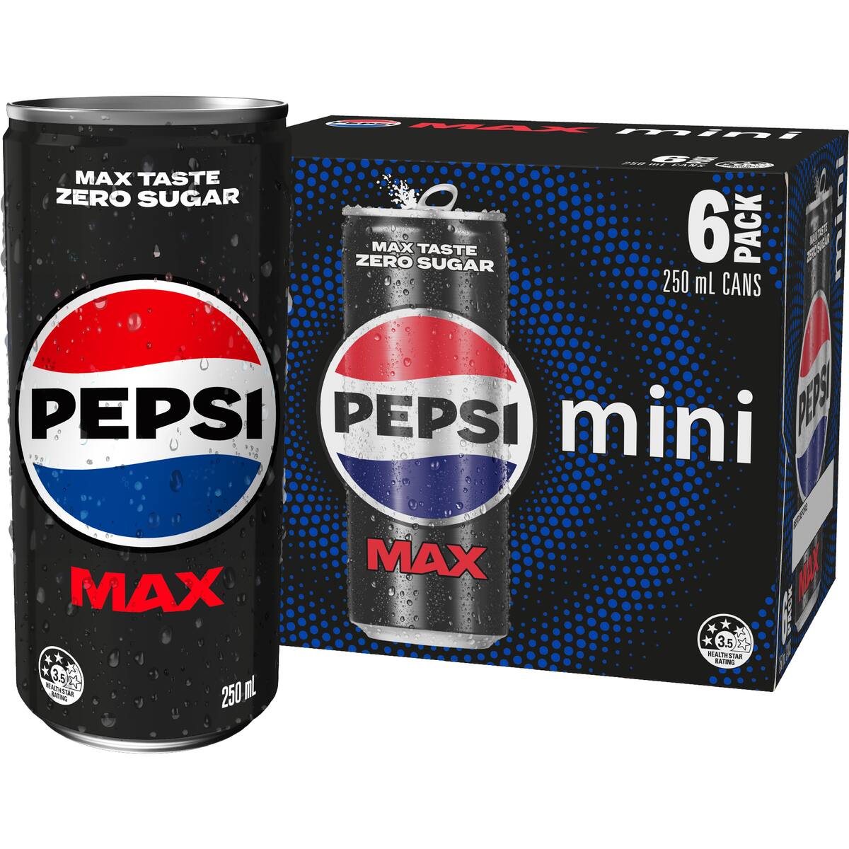 Pepsi Max No Sugar Soft Drink Mini Cans 250ml X 6 Pack