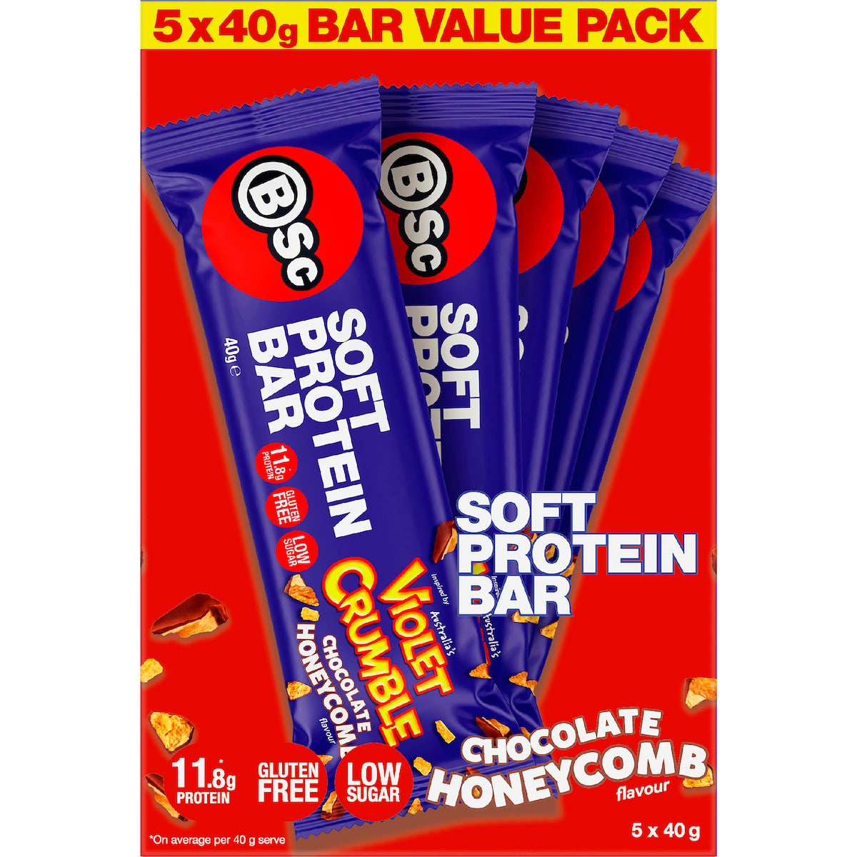 Bsc X Violet Crumble Soft Protein Bar Chocolate Honeycomb 40g X 5 Pack