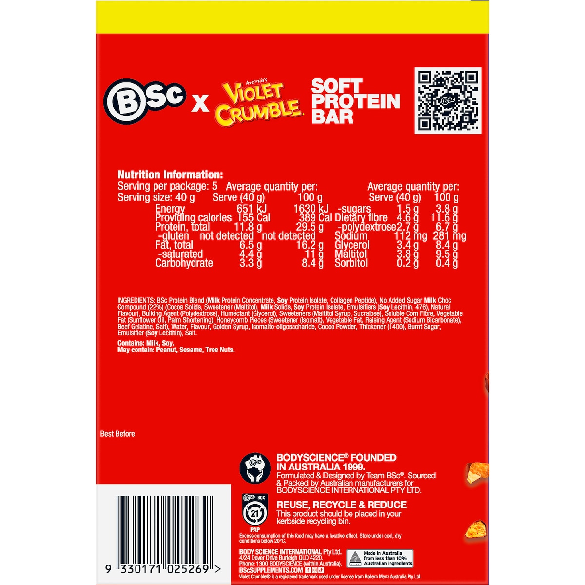 Bsc X Violet Crumble Soft Protein Bar Chocolate Honeycomb 40g X 5 Pack