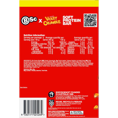 Bsc X Violet Crumble Soft Protein Bar Chocolate Honeycomb 40g X 5 Pack