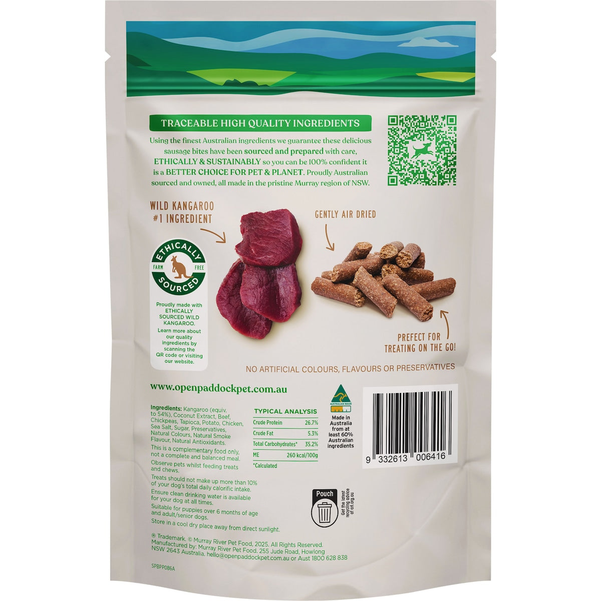 Open Paddock Sausage Bites Dog Treats Kangaroo 200g