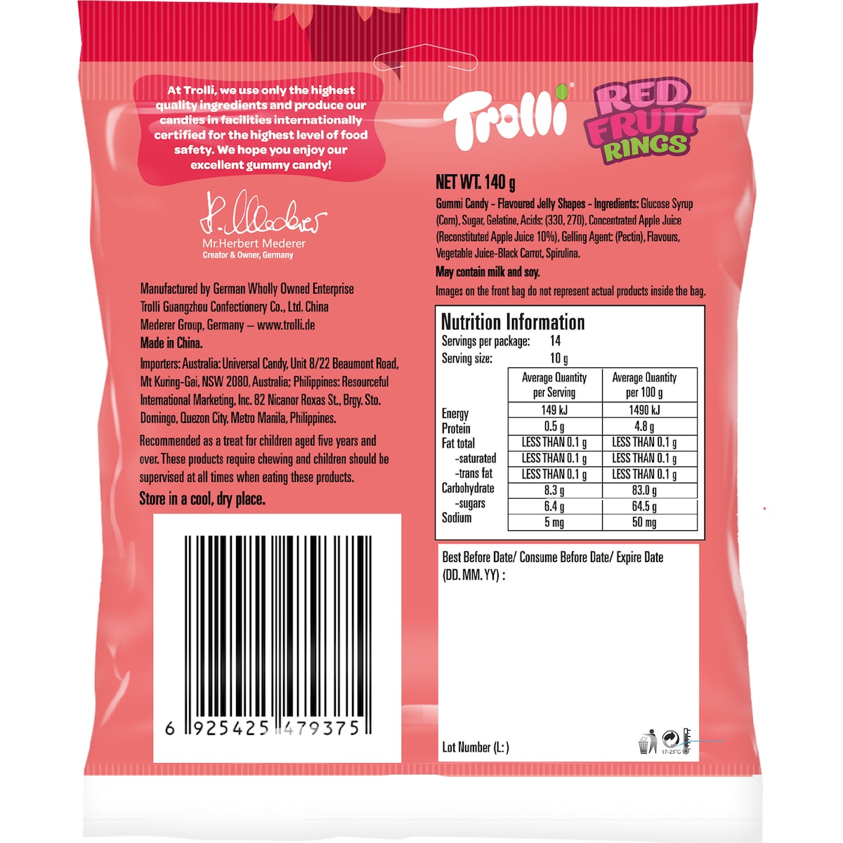 Trolli Red Fruit Rings Lollies 140g