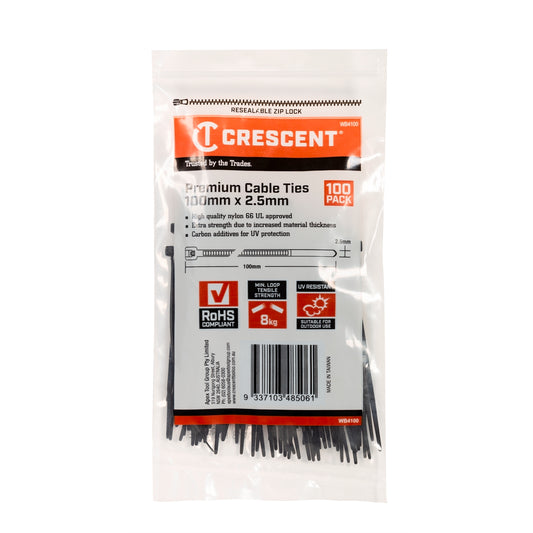 Crescent Black Cable Ties - 100mm x 2.5mm - 100 Pack