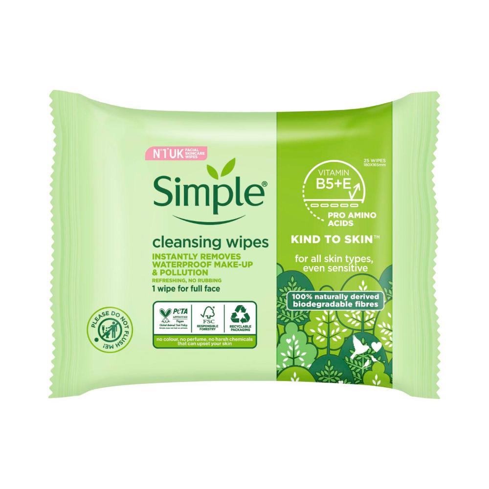 Simple Cleansing Facial Wipes Kind To Skin Biodegradable - 25 pack