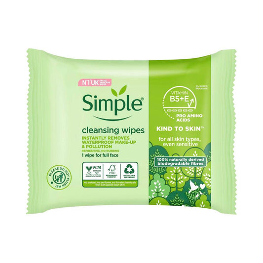 Simple eansing Facial Wipes Kind To Skin Biodegradable - 25 pack