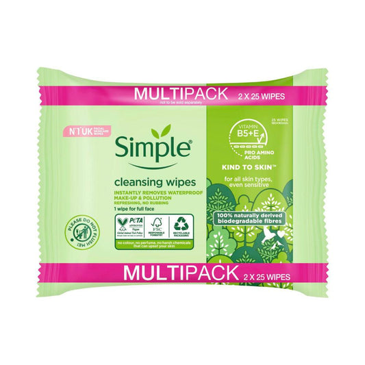 Simple eansing Facial Wipes Kind To Skin Biodegradable - 50 pack