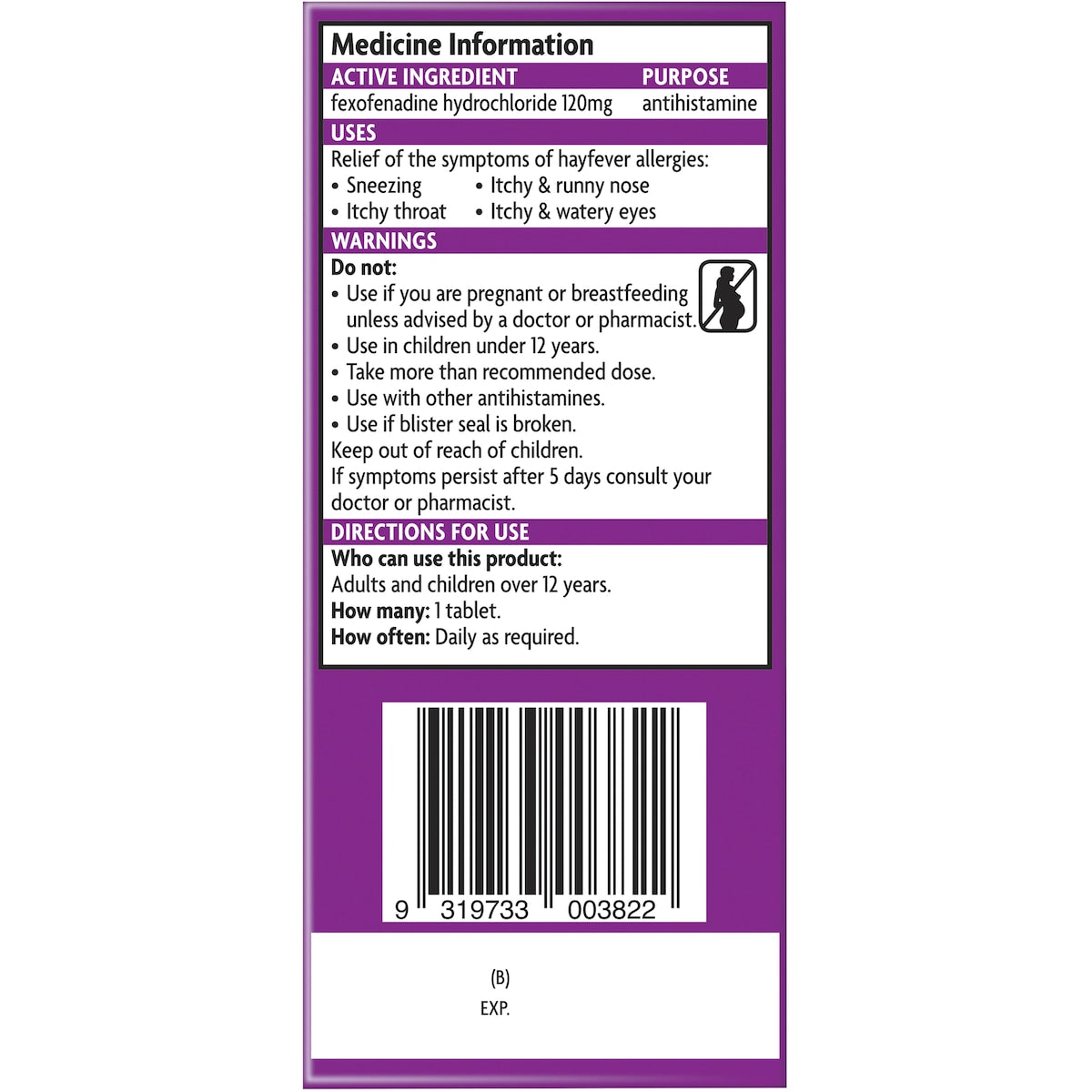 Telfast Hayfever Allergy Relief 120mg Antihistamine Tablets 10 Pack