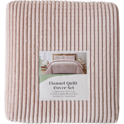 Queen Flannel Quilt Cover Set Pink Stripe Each