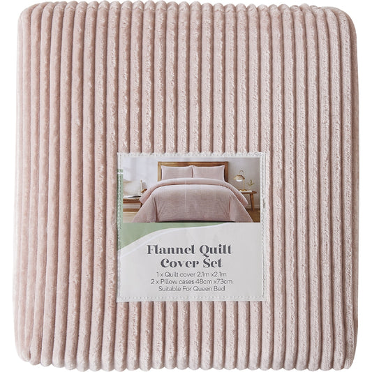 Queen Flannel Quilt Cover Set Pink Stripe Each