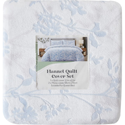 Queen Flannel Quilt Cover Set Blue Floral Each
