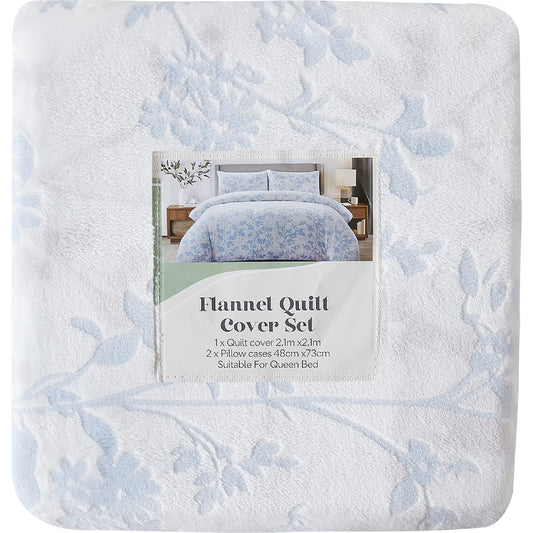 Queen Flannel Quilt Cover Set Blue Floral Each