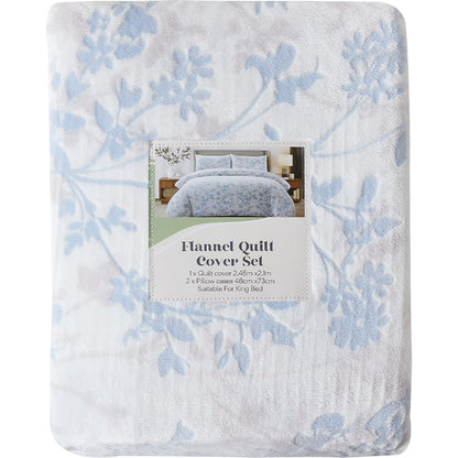 King Flannel Quilt Cover Set Blue Floral Each