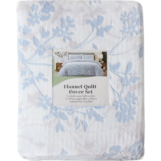 King Flannel Quilt Cover Set Blue Floral Each