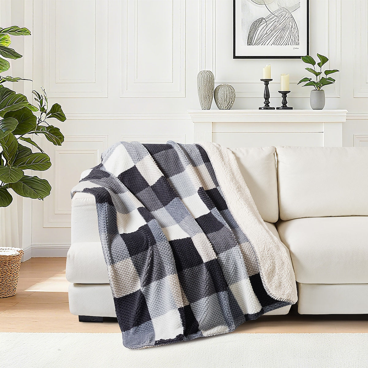 Waffle Sherpa Throw Black & White Check Each