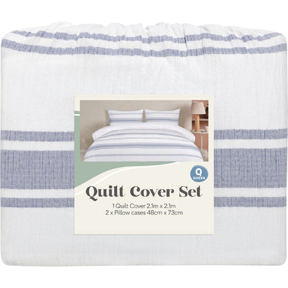 Queen Quilt Cover Set Blue Stripes Each