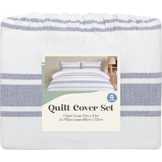 Queen Quilt Cover Set Blue Stripes Each