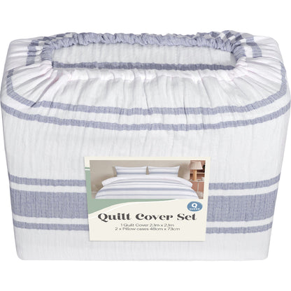Queen Quilt Cover Set Blue Stripes Each
