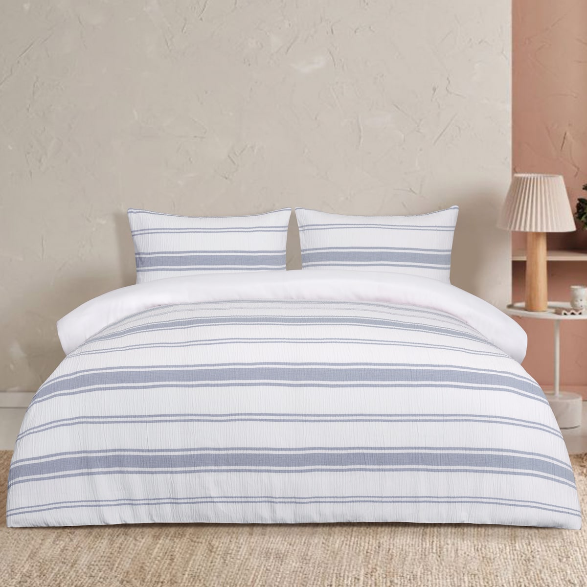Queen Quilt Cover Set Blue Stripes Each