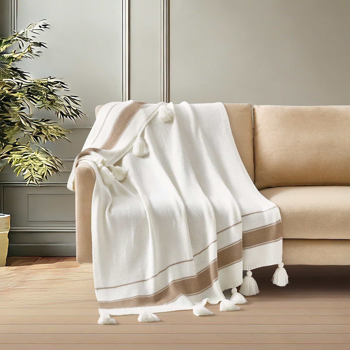 Knitted Throw Taupe Stripes Each