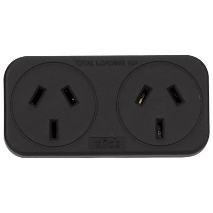 Click Double Adaptor - 90 x 130 x 55mm - Black - 2 Pack