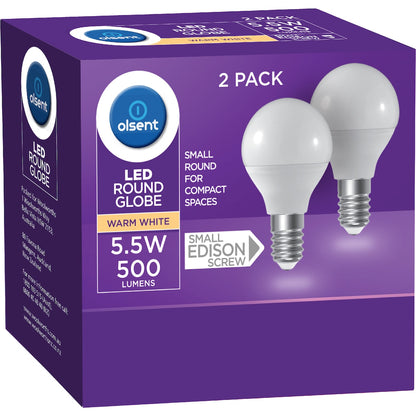 Olsent Led Round Globe Es 5.5w 500lm Warm White 2 Pack