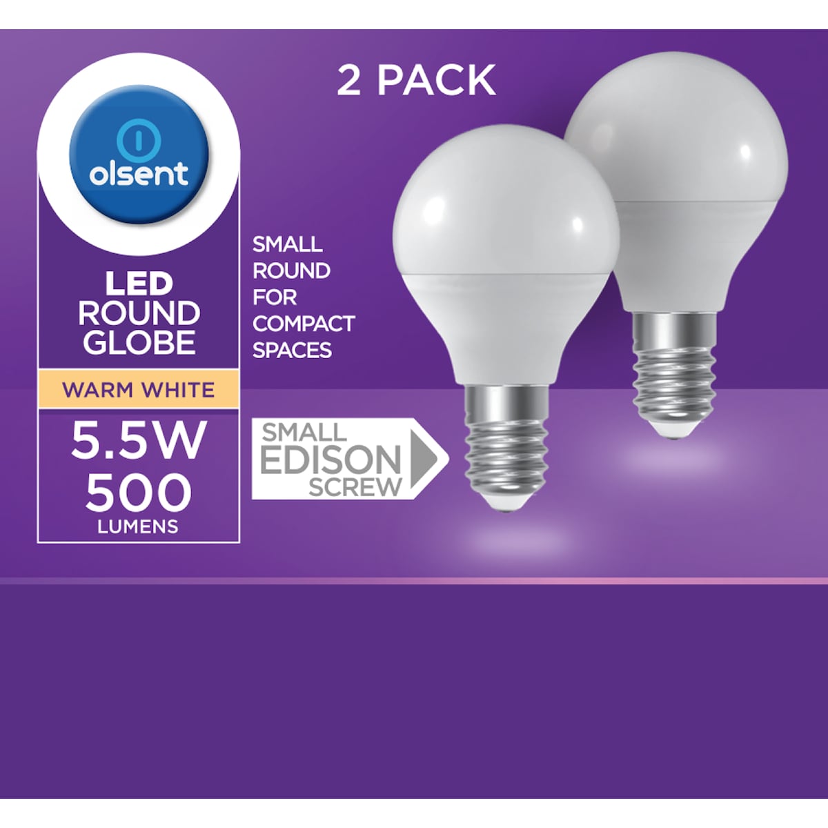 Olsent Led Round Globe Es 5.5w 500lm Warm White 2 Pack