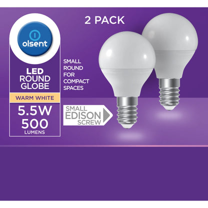 Olsent Led Round Globe Es 5.5w 500lm Warm White 2 Pack