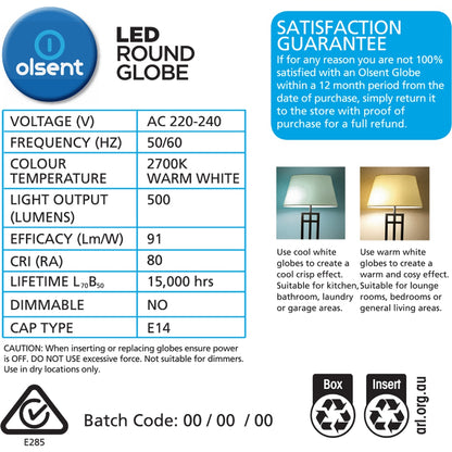 Olsent Led Round Globe Es 5.5w 500lm Warm White 2 Pack