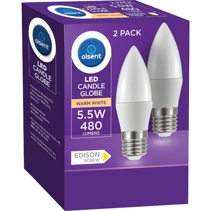 Olsent Led Candle Globe Es 5.5w 480lm Warm White 2 Pack