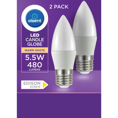 Olsent Led Candle Globe Es 5.5w 480lm Warm White 2 Pack