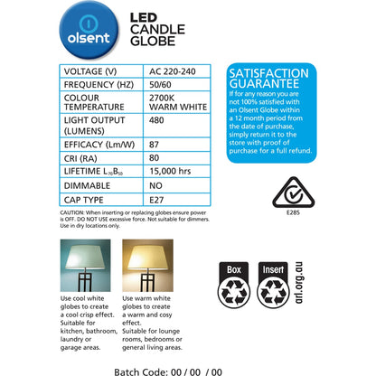 Olsent Led Candle Globe Es 5.5w 480lm Warm White 2 Pack