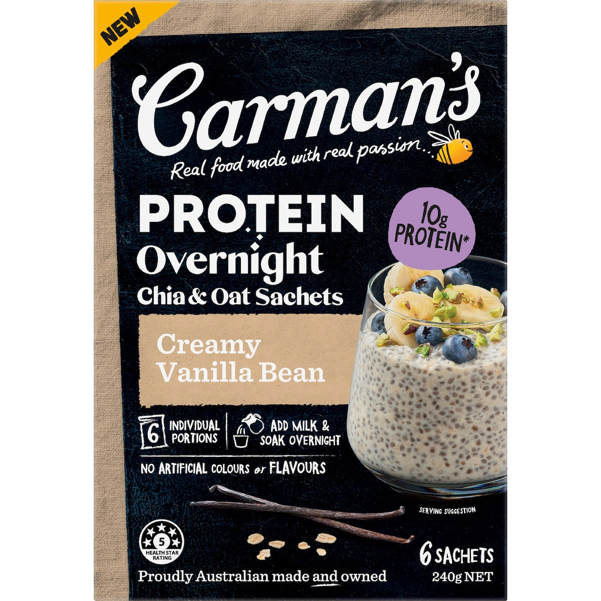 Carmans Protein Overnight Chia & Oat Sachets Creamy Vanilla Bean 6 Pack